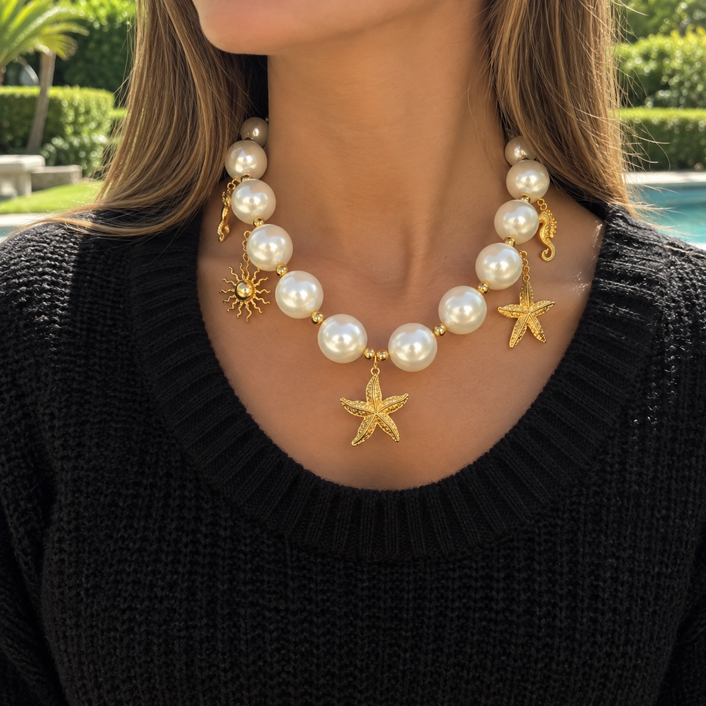 Collar + topos aura marina perla dorado