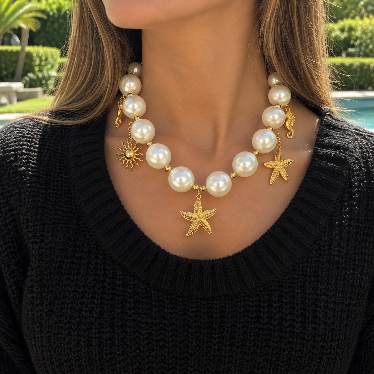 Collar + topos aura marina perla dorado