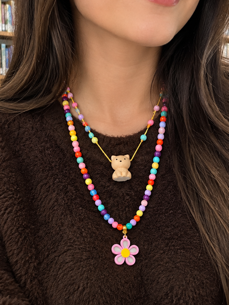 Collar doble + topo flor y gato blanco