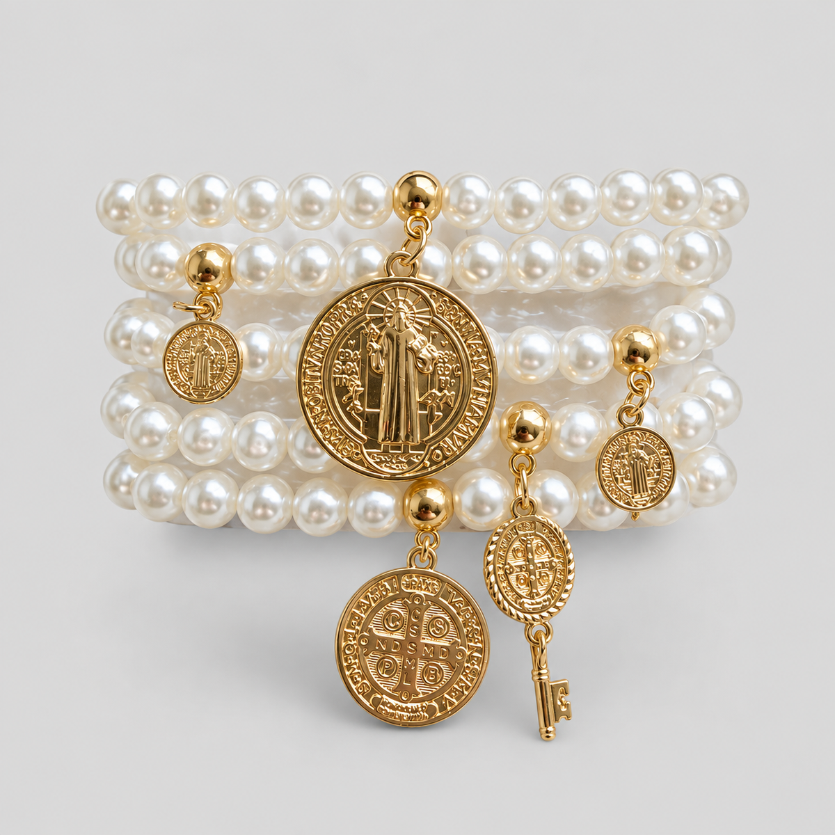 Pulsera monedas san benito perla x5