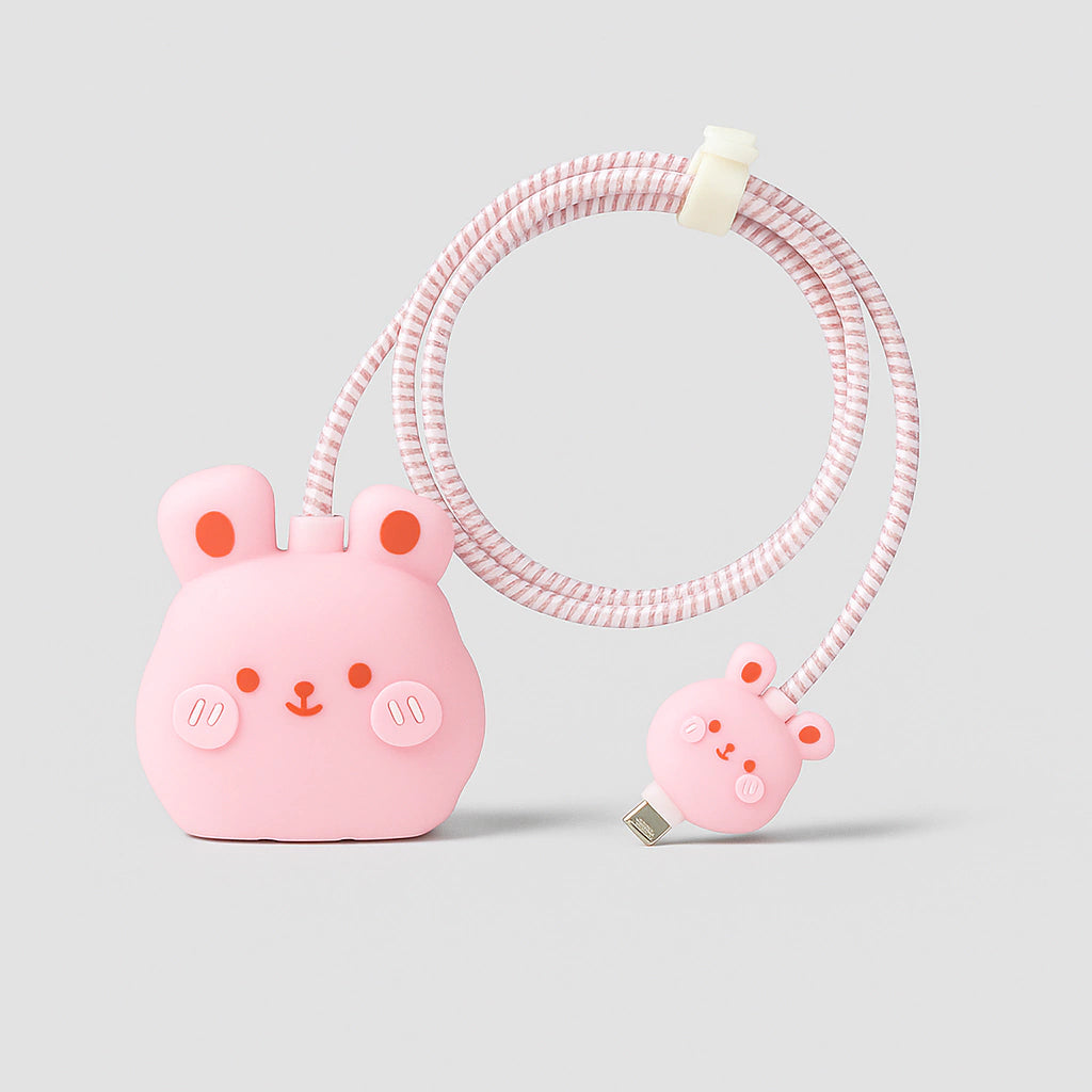 Protector De Cargador Y Cable Oso Rosa